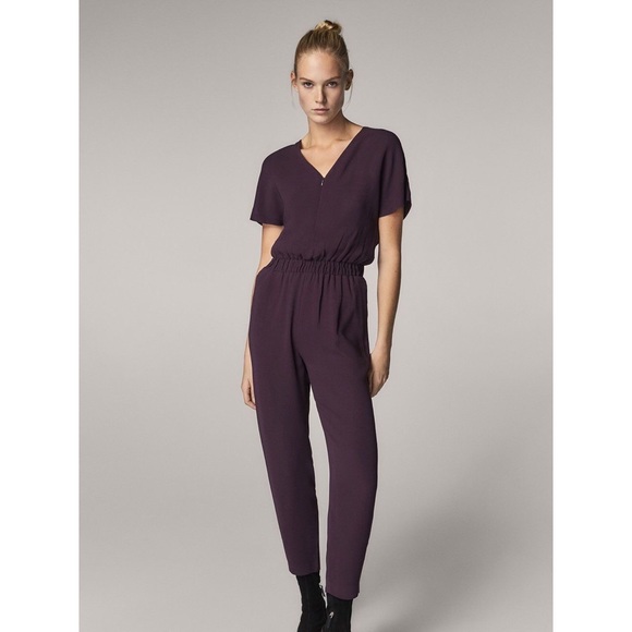 Massimo Dutti Short Sleeve V-Neck Purple Jumpsuit - Picture 2 of 13